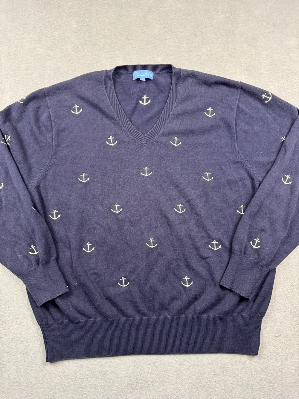 J. McLaughlin Nautical Anchor Sweater Mens Large Navy V Neck Pullover Cotton